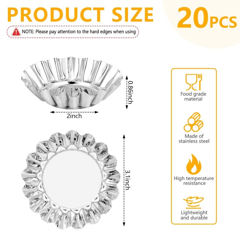 OBTANIM 20 Pcs Stainless Steel Mini Tart/Pie Pans, 3 Inch Small Tart/Pie Pan Portuguese Tart Baking Mold Mini Tart/Pie Tins for Baking Supplies - Image 2